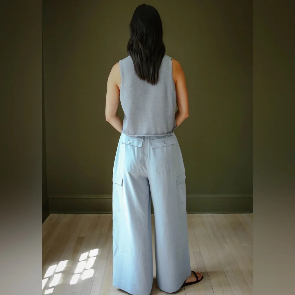 Sister Katie -Women's The Jen Cargo Light Dusty Blue Wide-Leg Pants high waist S